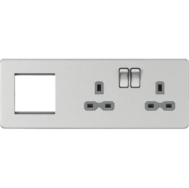 SFR192RBCG Screwless Double Switched Socket with Grey Inserts and a 2G Modular Combination Plate in Brushed Chrome