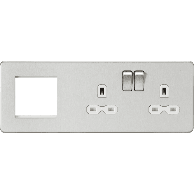 Knightsbridge Switches and Sockets SFR192RBCW Screwless Double Switched Socket with White Inserts and a 2G Modular Combination Plate in Brushed Chrome