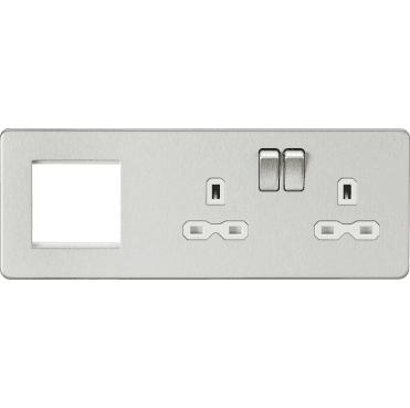 SFR192RBCW Screwless Double Switched Socket with White Inserts and a 2G Modular Combination Plate in Brushed Chrome