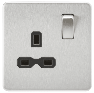 SFR7000BC Screwless Single Switched Socket with Black Insert in Brushed Chrome