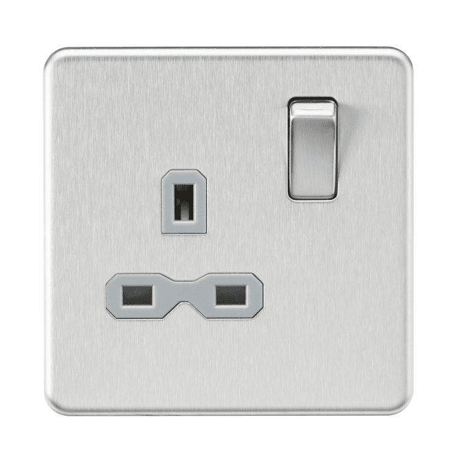 Knightsbridge Switches and Sockets SFR7000BCG Screwless Single Switched Socket with Grey Insert in Brushed Chrome