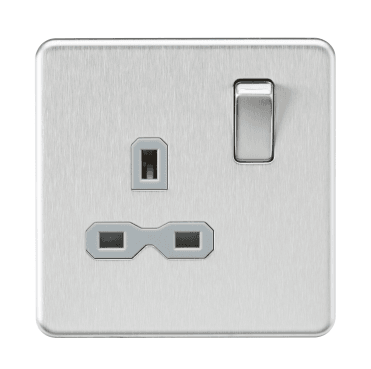 SFR7000BCG Screwless Single Switched Socket with Grey Insert in Brushed Chrome