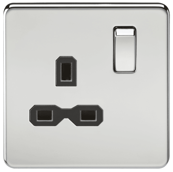 Knightsbridge Switches and Sockets SFR7000PC Screwless Single Switched Socket with Black Insert in Polished Chrome