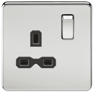 SFR7000PC Screwless Single Switched Socket with Black Insert in Polished Chrome
