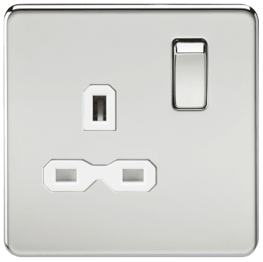 SFR7000PCW Screwless Single Switched Socket with White Insert in Polished Chrome