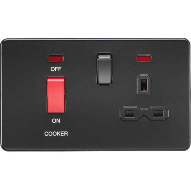 Knightsbridge Switches and Sockets SFR8333NMBB Screwless 45A DP Cooker Switch with Neon and 13A Switched Socket in Matt Black