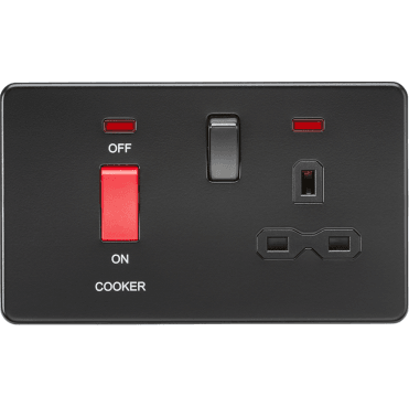 SFR8333NMBB Screwless 45A DP Cooker Switch with Neon and 13A Switched Socket in Matt Black
