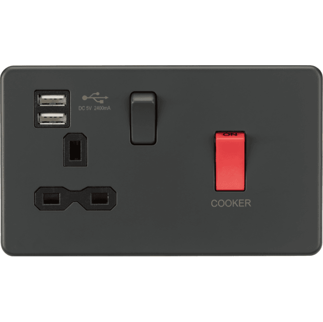 Knightsbridge Switches and Sockets SFR8333UAT Screwless 45A DP Cooker Switch with Neon and 13A Switched Socket with Dual USB Slots (2.4A) in Anthracite