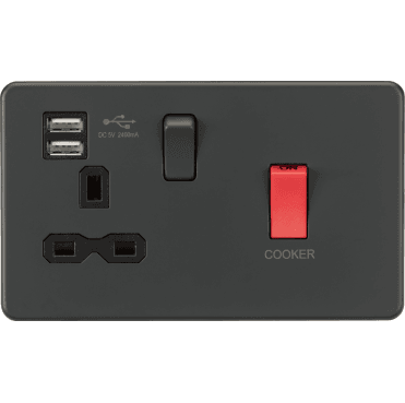 SFR8333UAT Screwless 45A DP Cooker Switch with Neon and 13A Switched Socket with Dual USB Slots (2.4A) in Anthracite