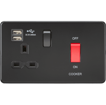 SFR8333UMBB Screwless 45A DP Cooker Switch with Neon and 13A Switched Socket with Dual USB Slots in Matt Black