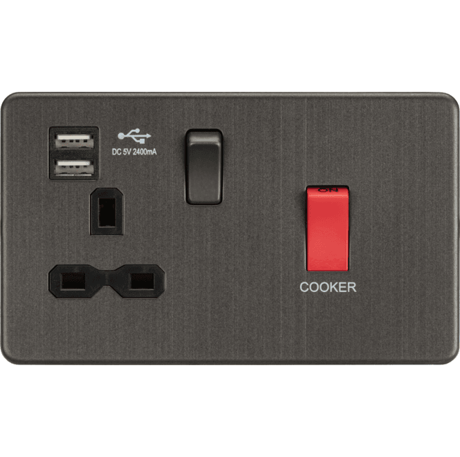 Knightsbridge Switches and Sockets SFR8333USB Screwless 45A DP Cooker Switch with Neon and 13A Switched Socket with Dual USB Slots (2.4A) in Smoked Bronze