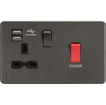 SFR8333USB Screwless 45A DP Cooker Switch with Neon and 13A Switched Socket with Dual USB Slots (2.4A) in Smoked Bronze