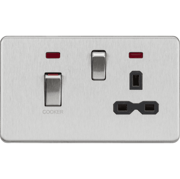 SFR83MNBC Screwless 45A DP Switch with Neon and 13A Switched Socket with Black Insert in Brushed Chrome