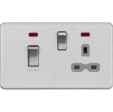SFR83MNBCG Screwless 45A DP Switch with Neon and 13A Switched Socket with Grey Insert in Brushed Chrome