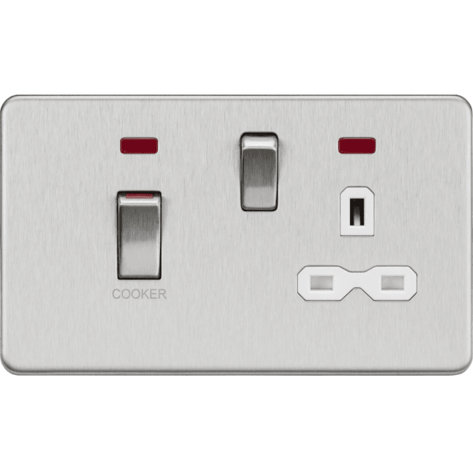 Knightsbridge Switches and Sockets SFR83MNBCW Screwless 45A DP Switch with Neon and 13A Switched Socket with White Insert in Brushed Chrome