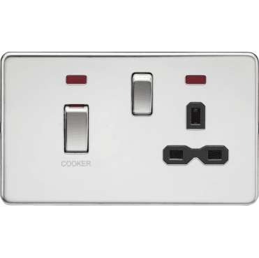 SFR83MNPC Screwless 45A DP Switch with Neon and 13A Switched Socket with Black Insert in Polished Chrome