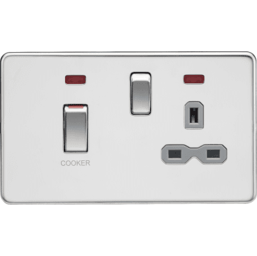 SFR83MNPCG Screwless 45A DP Switch with Neon and 13A Switched Socket with Grey Insert in Polished Chrome