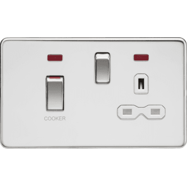 SFR83MNPCW Screwless 45A DP Switch with Neon and 13A Switched Socket with White Insert in Polished Chrome