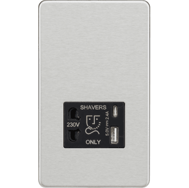 SFR8909BC Screwless Shaver Socket with Dual USB Ports A+C with Black Insert in Brushed Chrome