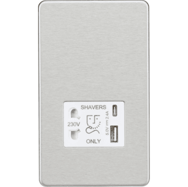 SFR8909BCW Screwless Shaver Socket with Dual USB Ports A+C with White Insert in Brushed Chrome