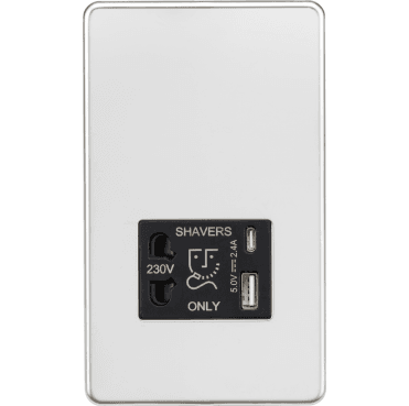 SFR8909PC Screwless Shaver Socket with Dual USB Ports A+C with Black Insert in Polished Chrome