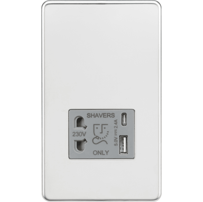 Knightsbridge Switches and Sockets SFR8909PCG Screwless Shaver Socket with Dual USB Ports A+C with Grey Insert in Polished Chrome