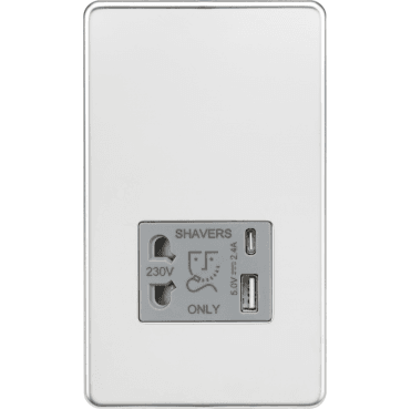 SFR8909PCG Screwless Shaver Socket with Dual USB Ports A+C with Grey Insert in Polished Chrome