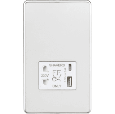 SFR8909PCW Screwless Shaver Socket with Dual USB Ports A+C with White Insert in Polished Chrome
