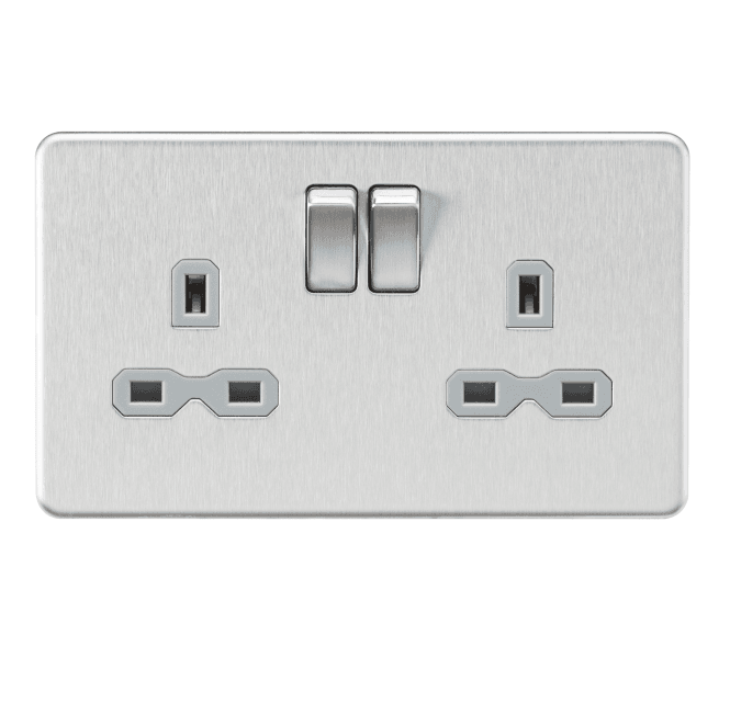 Knightsbridge Switches and Sockets SFR9000BCG Screwless Double Switched Socket with Grey Insert in Brushed Chrome