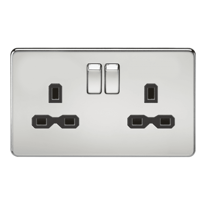 Knightsbridge Switches and Sockets SFR9000PC Screwless Double Switched Socket with Black Insert in Polished Chrome