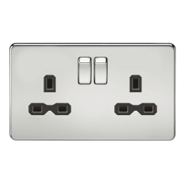 SFR9000PC Screwless Double Switched Socket with Black Insert in Polished Chrome