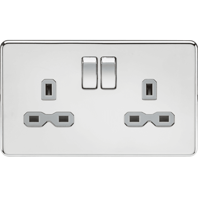Knightsbridge Switches and Sockets SFR9000PCG Screwless Double Switched Socket with Grey Insert in Polished Chrome