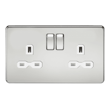 SFR9000PCW Screwless Double Switched Socket with White Insert in Polished Chrome