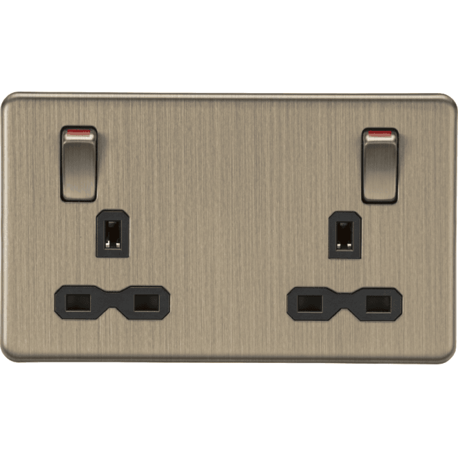 Knightsbridge Switches and Sockets SFR9001AB Screwless Double Switched Socket with Outboard Rockers with Red Flash in Antique Brass