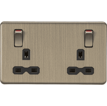 SFR9001AB Screwless Double Switched Socket with Outboard Rockers with Red Flash in Antique Brass