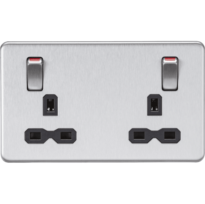 Knightsbridge Switches and Sockets SFR9001BC Screwless Double Switched Socket with Outboard Rockers with Red Flash in Brushed Chrome