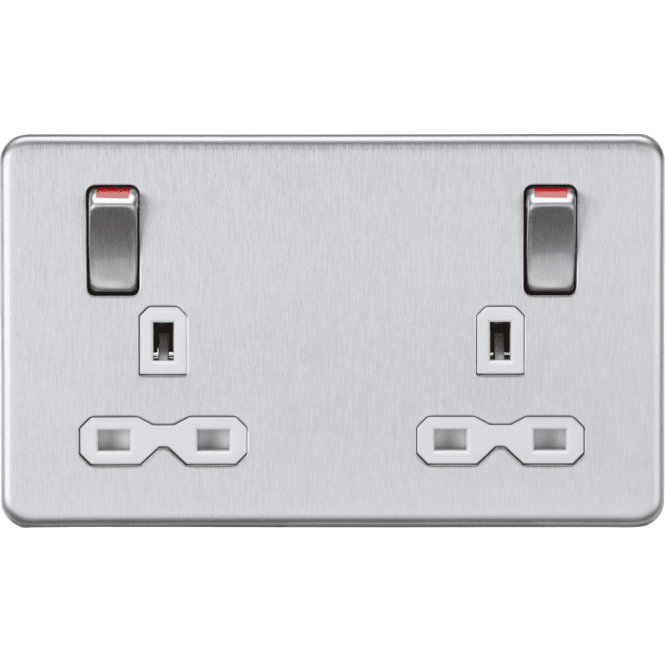 Knightsbridge Switches and Sockets SFR9001BCW Screwless Double Switched Socket with White Inserts and Outboard Rockers with Red Flash in Brushed Chrome