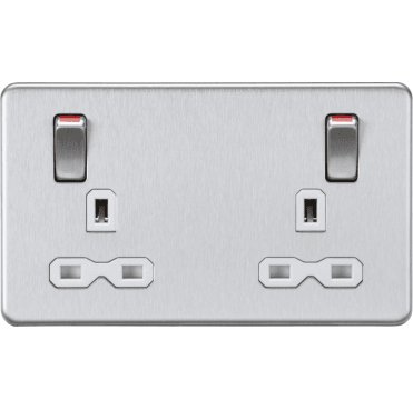 SFR9001BCW Screwless Double Switched Socket with White Inserts and Outboard Rockers with Red Flash in Brushed Chrome