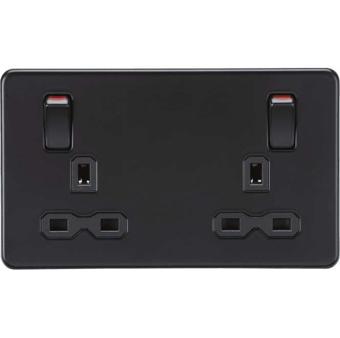 Knightsbridge Switches and Sockets SFR9001MBB  Screwless Double Switched Socket with Outboard Rockers with Red Flash in Matt Black