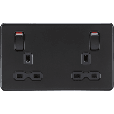 SFR9001MBB  Screwless Double Switched Socket with Outboard Rockers with Red Flash in Matt Black