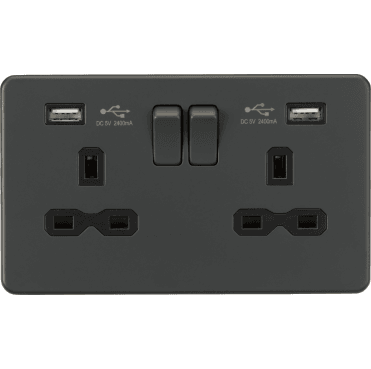 SFR9224AT Screwless Double Switched Socket with Dual USB Charger (2.4A) in Anthracite
