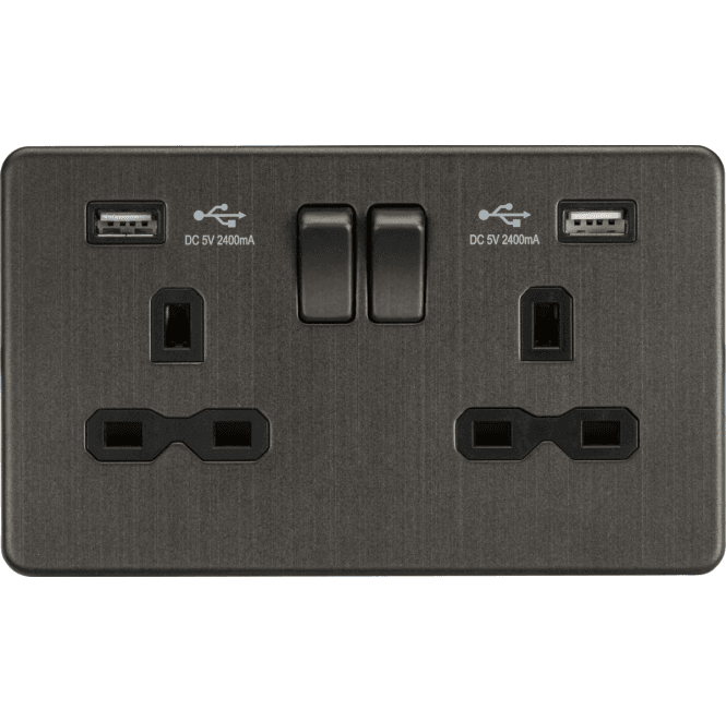 Knightsbridge Switches and Sockets SFR9224SB Screwless Double Switched Socket with Dual USB Charger (2.4A) in Smoked Bronze