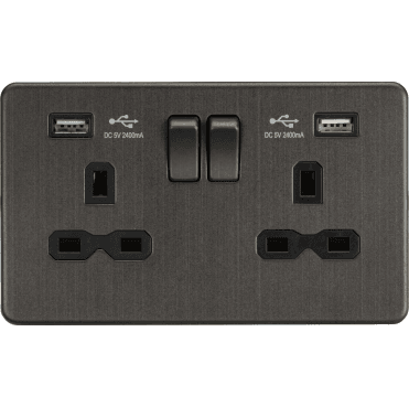 SFR9224SB Screwless Double Switched Socket with Dual USB Charger (2.4A) in Smoked Bronze