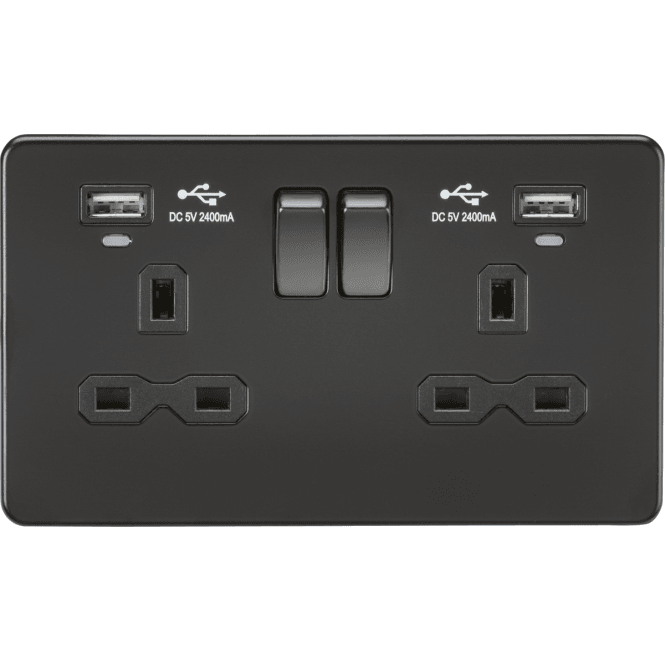Knightsbridge Switches and Sockets SFR9904NMBB Screwless Double Switched Socket with Dual USB Slots (2.4A) with LED Indicators in Matt Black