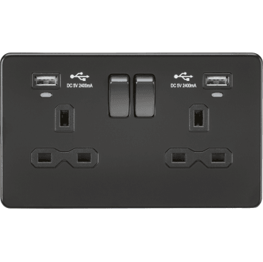Knightsbridge Switches and Sockets SFR9904NMBB Screwless Double Switched Socket with Dual USB Slots (2.4A) with LED Indicators in Matt Black