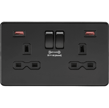 SFR9908MBB Screwless Double Switched Socket with Dual USB Fastcharge Ports A+A in Matt Black