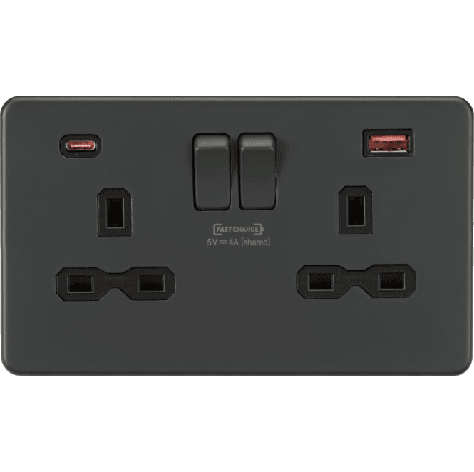 Knightsbridge Switches and Sockets SFR9909AT Screwless Double Switched Socket with Dual USB Fastcharge Ports A+C in Anthracite