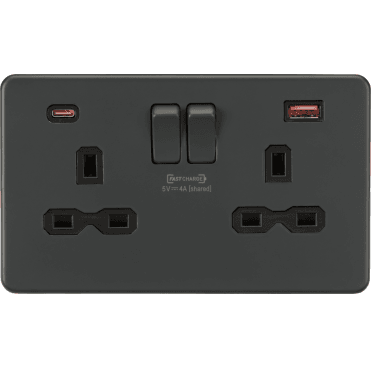 SFR9909AT Screwless Double Switched Socket with Dual USB Fastcharge Ports A+C in Anthracite
