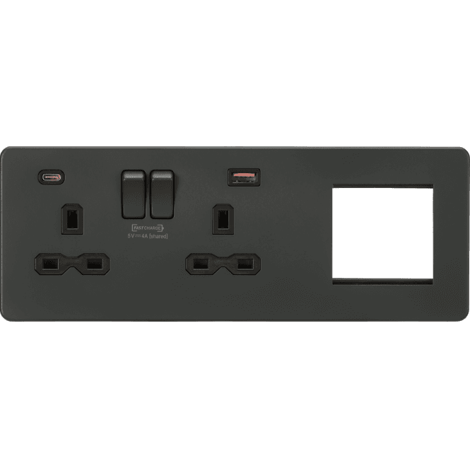 Knightsbridge Switches and Sockets SFR992LAT Screwless Double Switched Socket with Dual USB Ports A+C (12V DC 1.5A MAX 18W) with 2G Modular Combination Plate in Anthracite