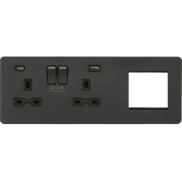 SFR992LAT Screwless Double Switched Socket with Dual USB Ports A+C (12V DC 1.5A MAX 18W) with 2G Modular Combination Plate in Anthracite